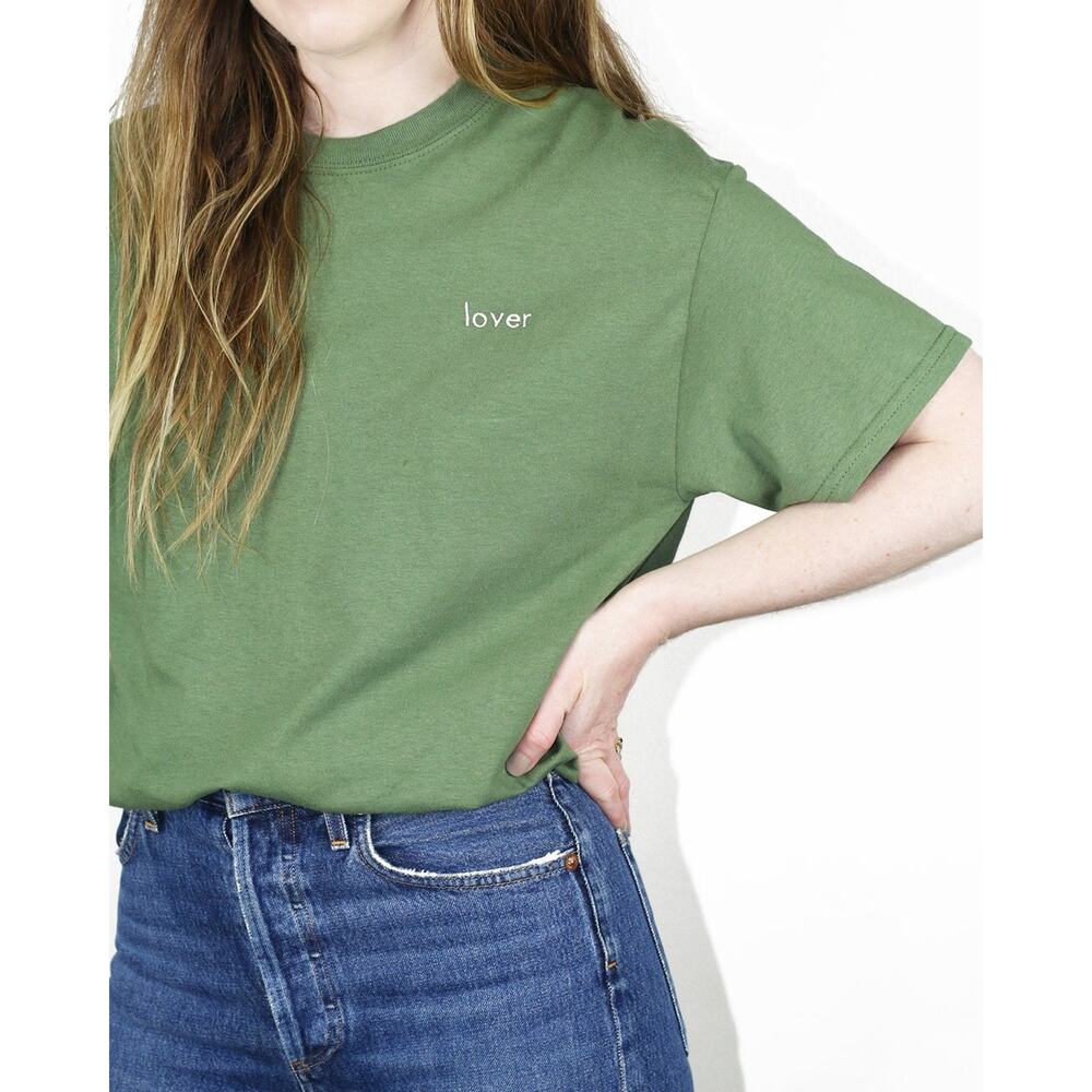 Double Trouble Gang Lover Short Sleeve Tee White on Green Embroidery - S